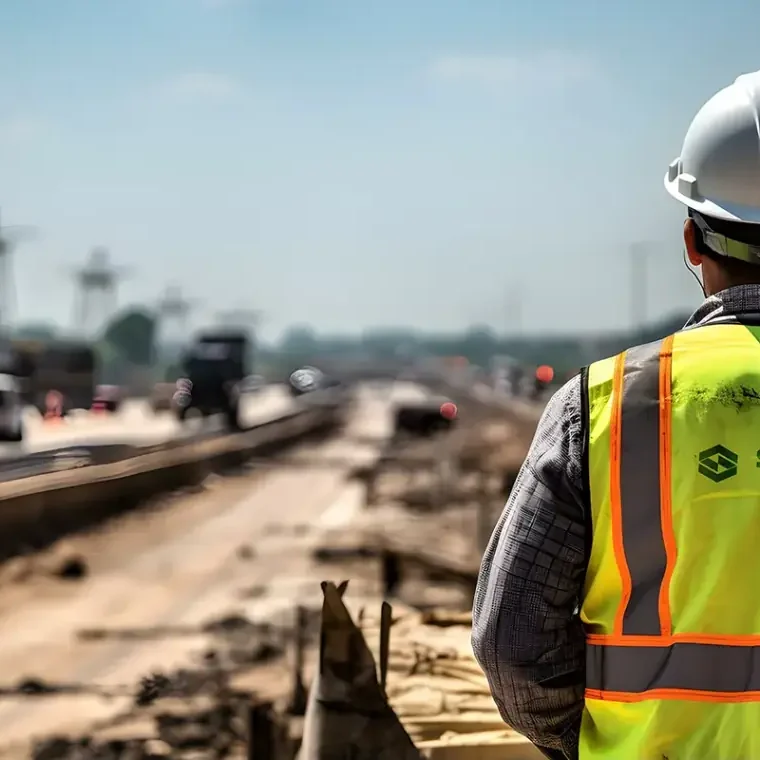Seaton Construction worker in a hard hat and safety vest overlooking a highway construction site